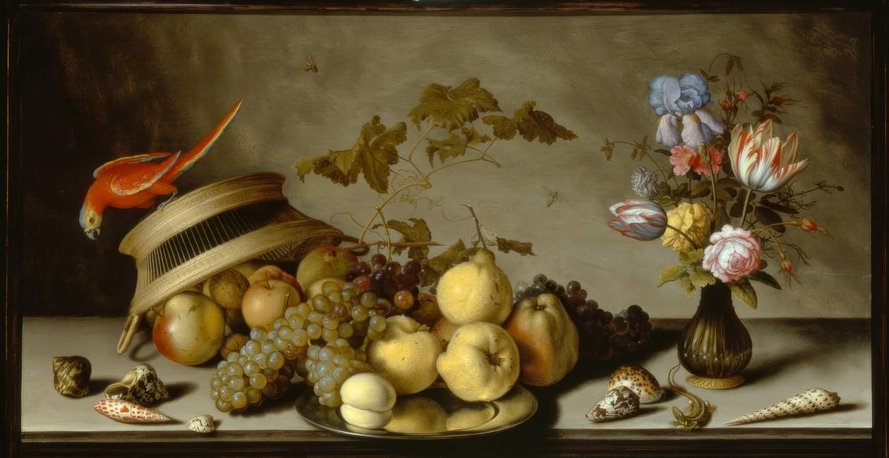 Nature morte avec des poires, des pêches, des pommes sur une assiette en étain - Balthasar van der Ast