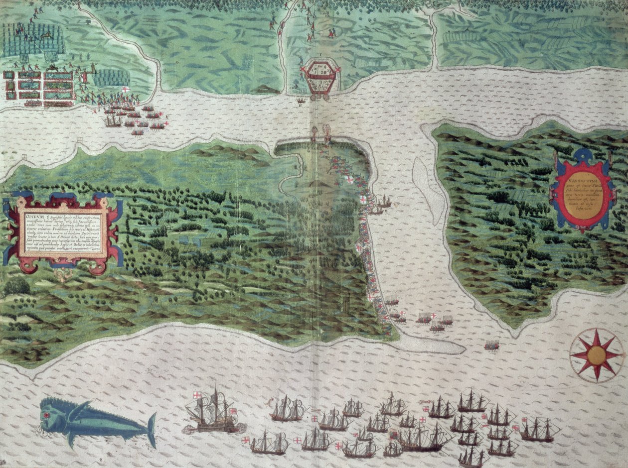 Carte représentant la destruction de la colonie espagnole de Saint-Augustin en Floride le 7 juillet 1586 par la flotte anglaise commandée par Sir Francis Drake, 1589 - Baptista Boazio