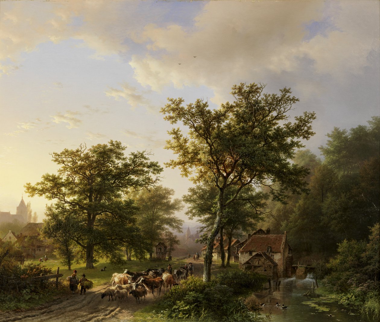 Paysage avec moulin à eau et paysans conduisant du bétail - Barend Cornelis Koekkoek