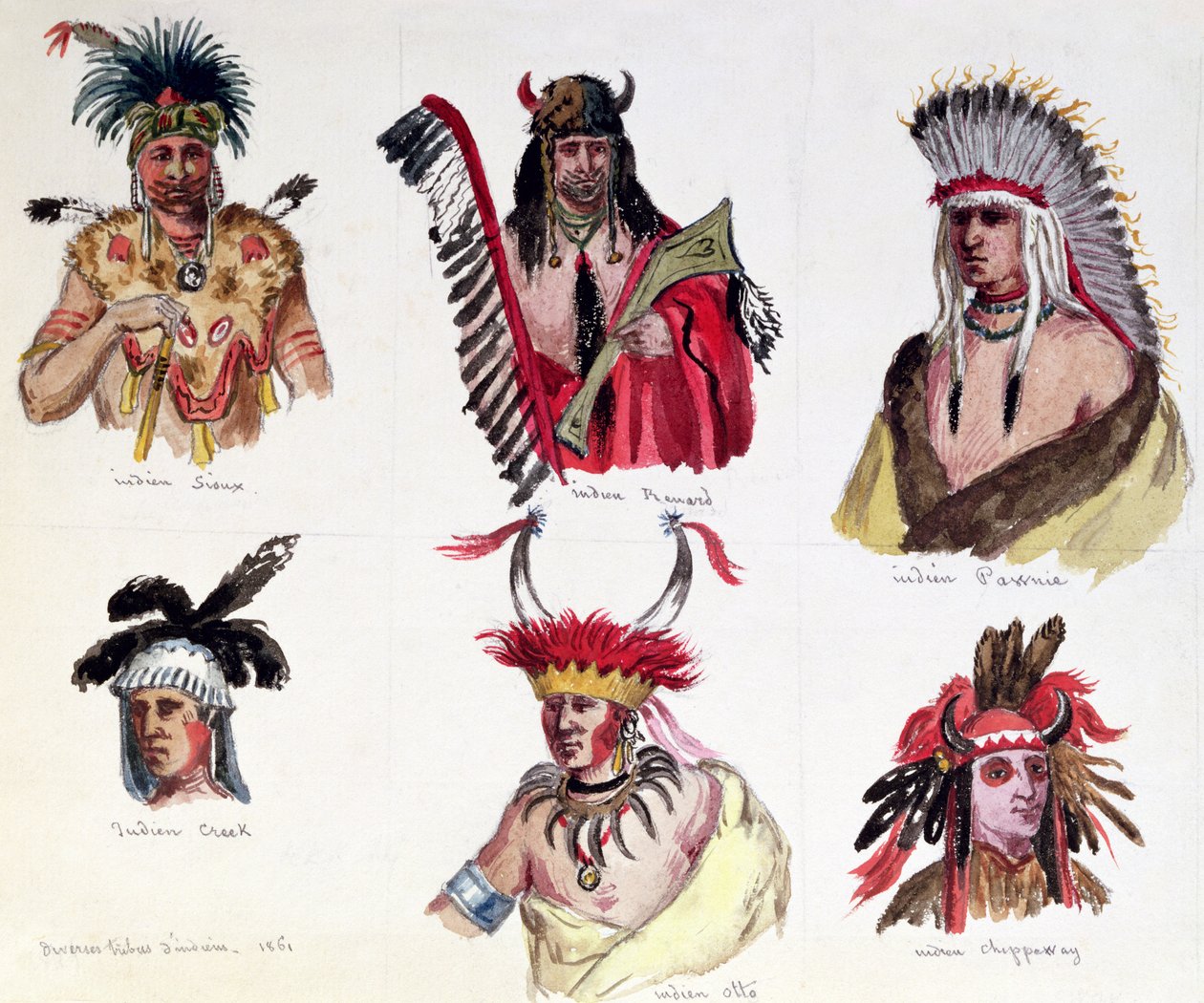 Portraits de Six Indiens Américains des Tribus Sioux, Renard, Pawnee, Creek, Otto et Chippewa, 1861 - Maurice Sand