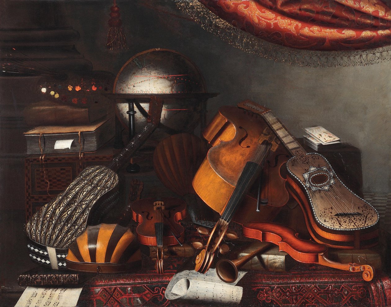Instruments de musique, un globe, des livres, des cartes à jouer et une palette de peintre - Bartolomeo Bettera