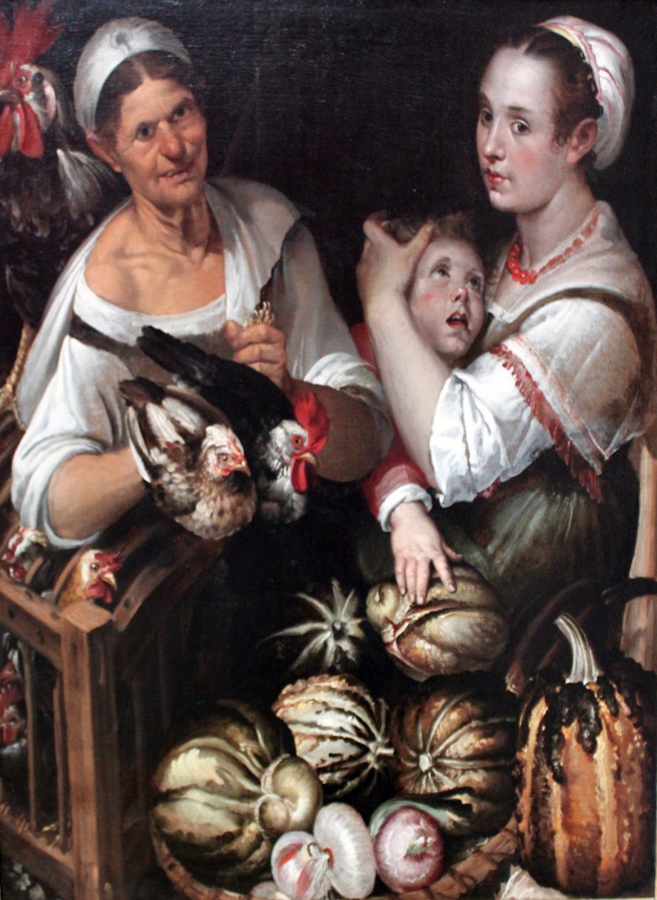 Deux femmes de marché et un garçon avec de la volaille et des légumes - Bartolomeo Passarotti