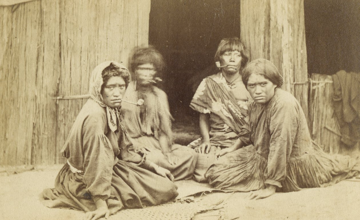 Groupe de femmes maories devant un whare, vers 1865 - Batt and Richards
