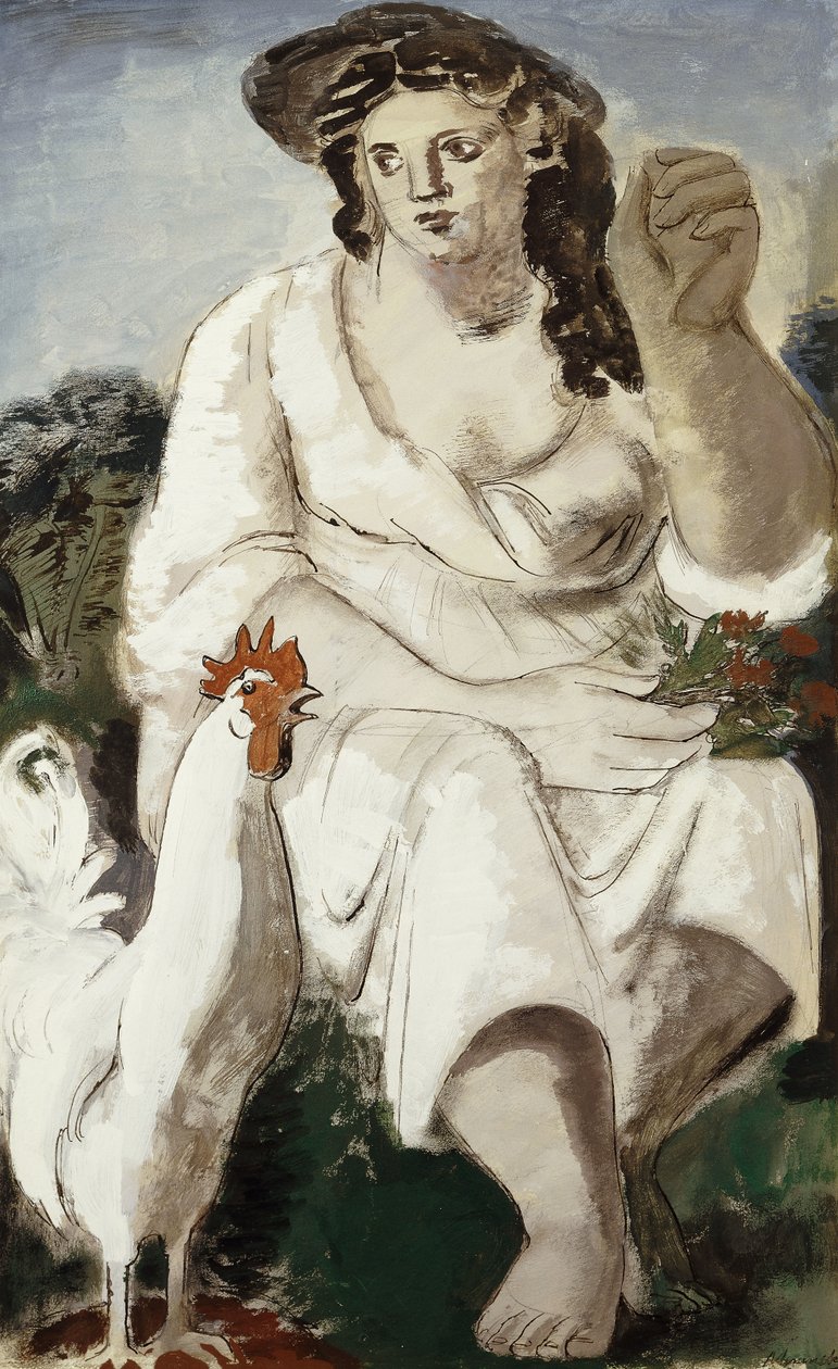 Jeune paysanne et coq blanc - Bernard Meninsky