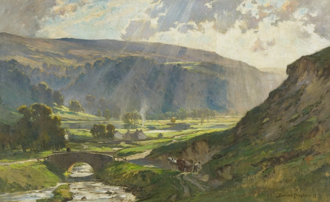 Les collines voilées de soleil de Wharfedale - Bertram Priestman