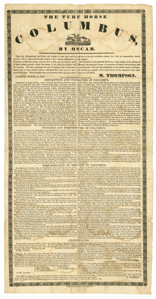 Affiche de cheval reproducteur offrant le cheval de course Columbus, Fayette, Mo., 14 mars 1840 - Boon Democrat
