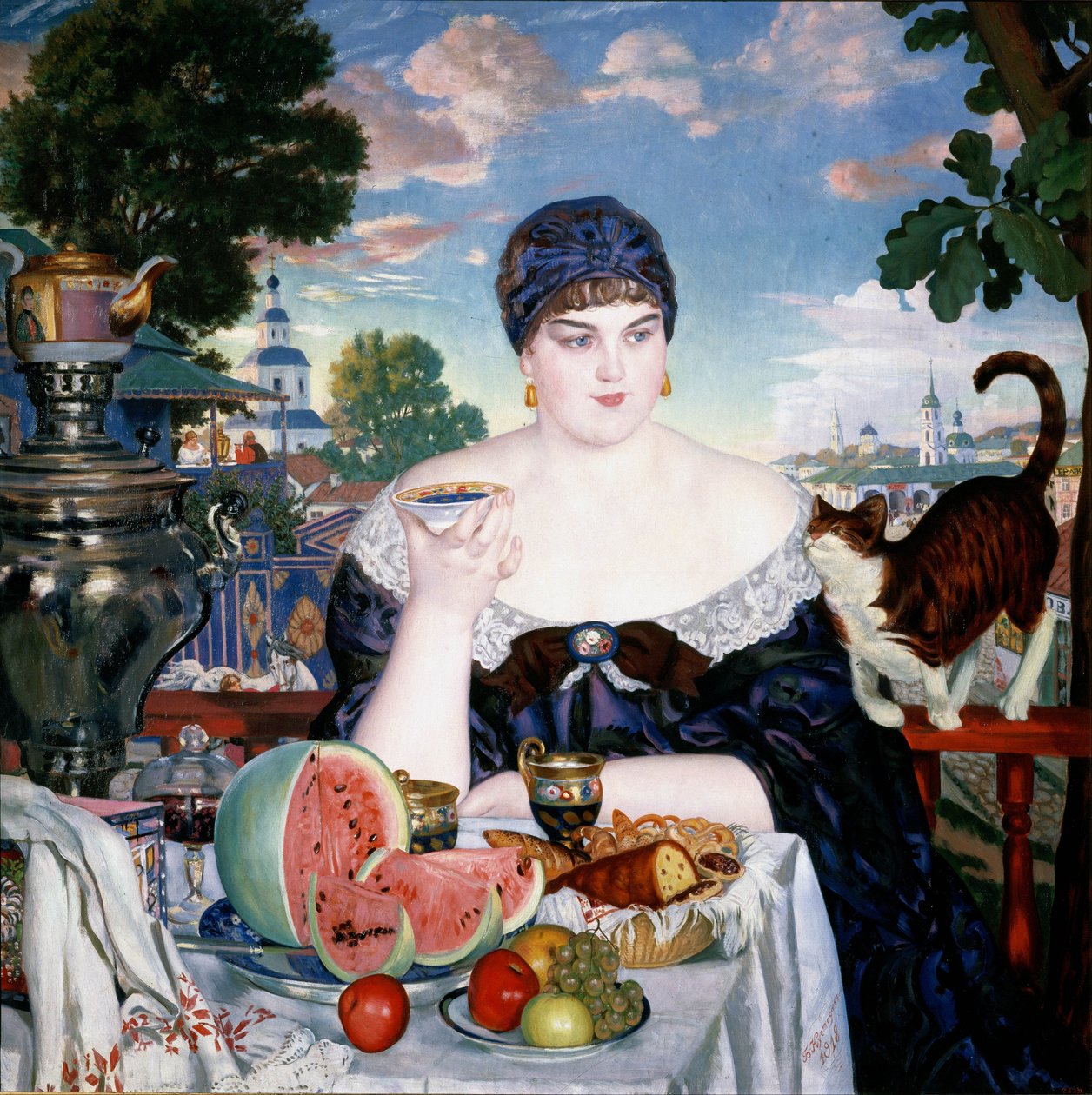 Femme de marchand prenant le thé - Boris Mikhailovich Kustodiev