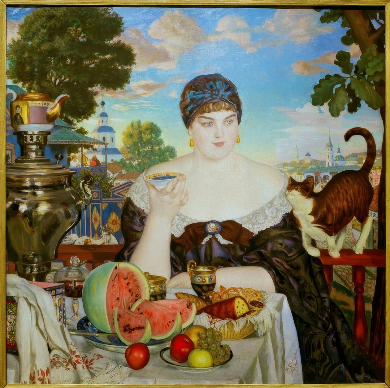 Femme de marchand prenant le thé - Boris Mikhailovich Kustodiev