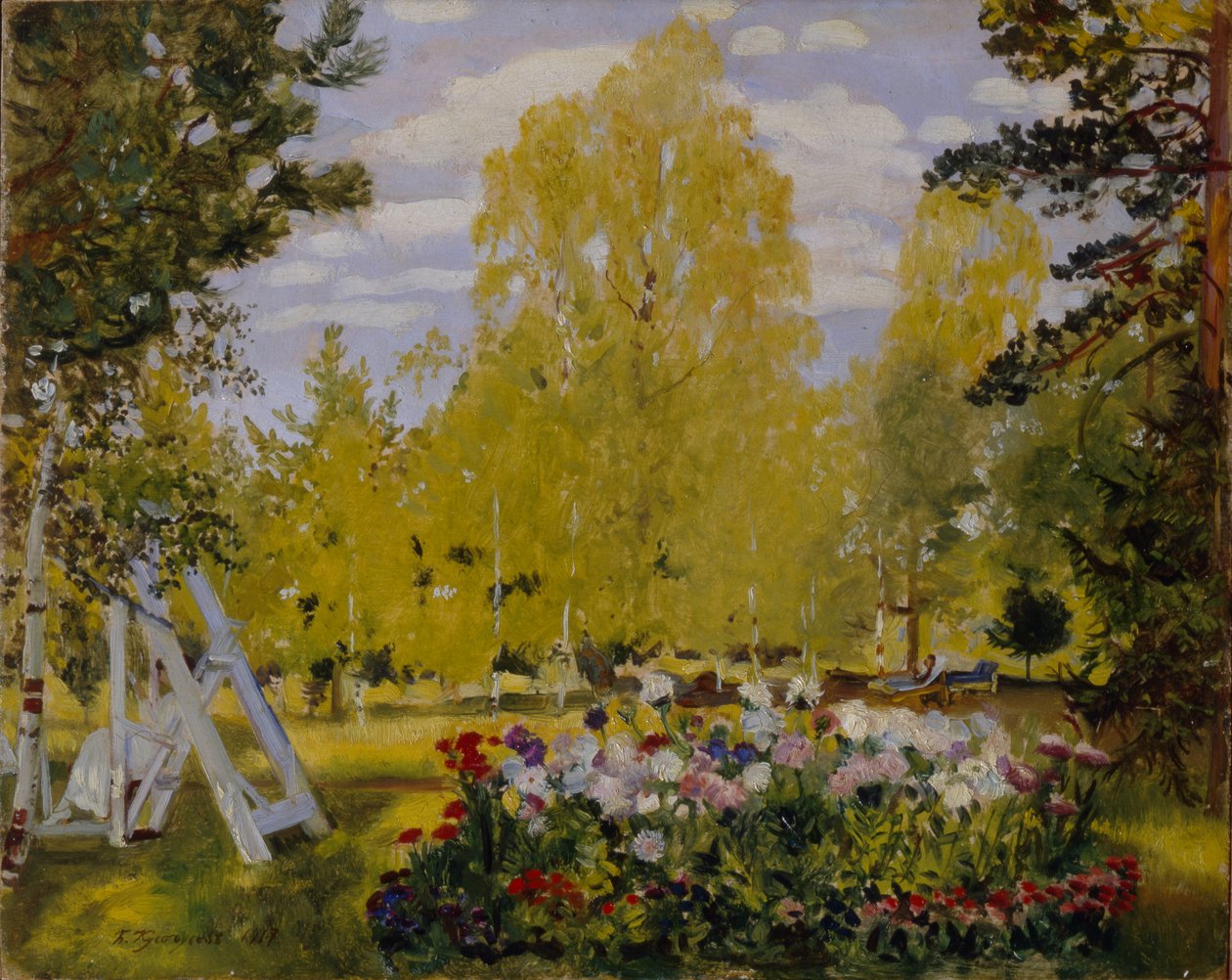 Paysage avec un parterre de fleurs - Boris Mikhailovich Kustodiev
