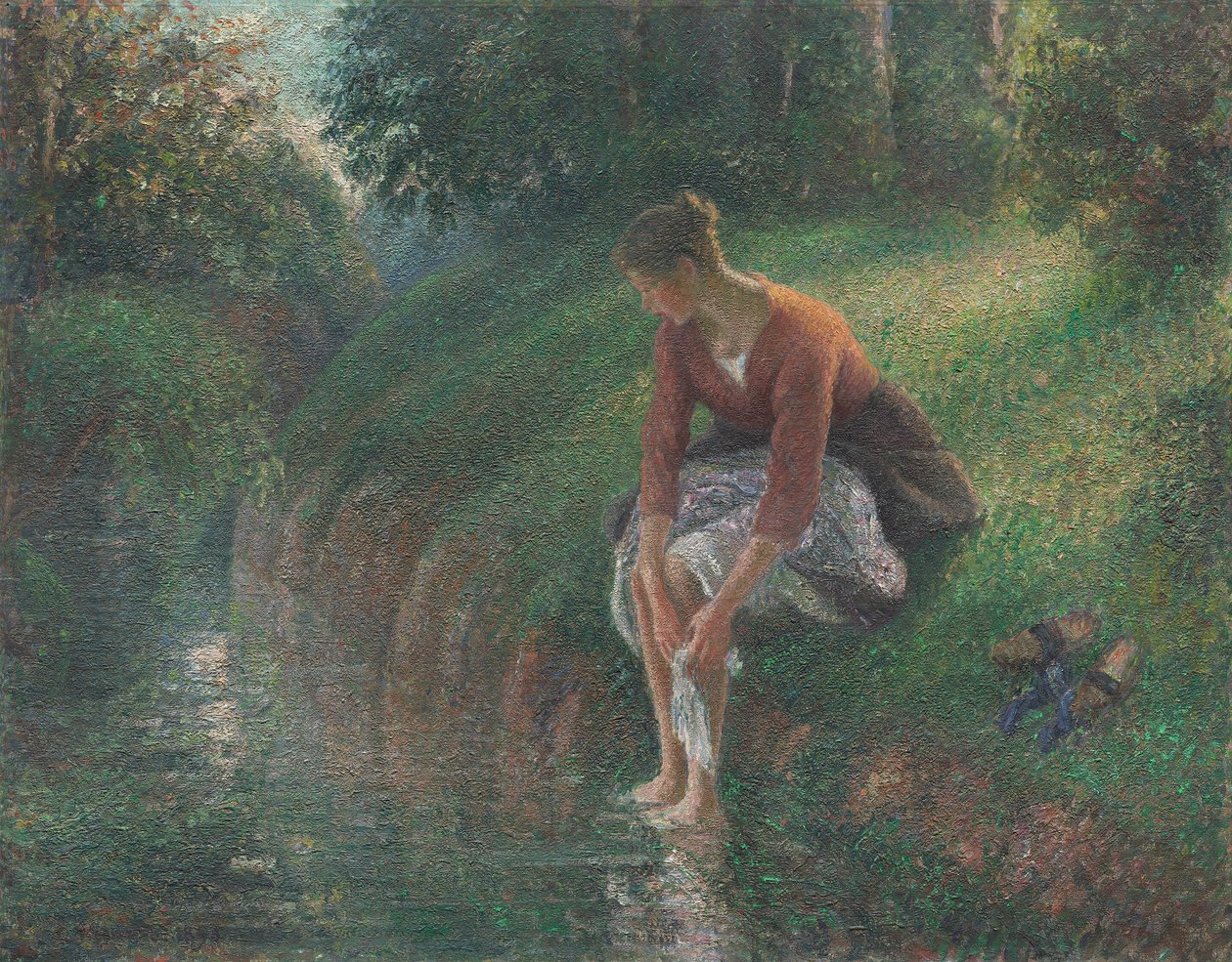 Femme se baignant les pieds dans un ruisseau - Camille Pissarro