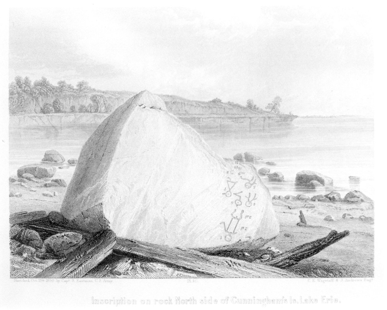 Inscriptions amérindiennes sur un rocher au lac Érié, de 
