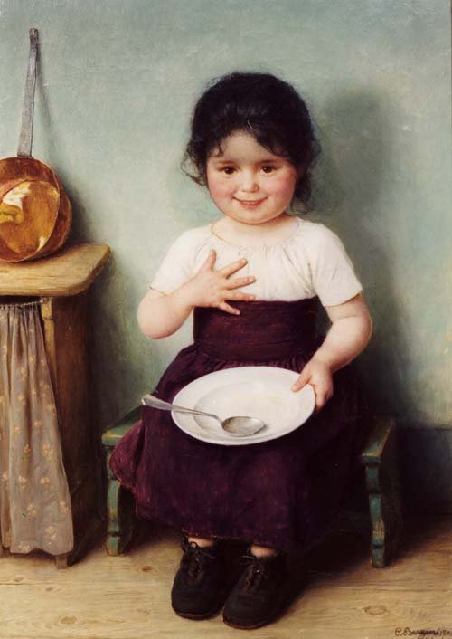 Petite fille assise dans un intérieur rustique - Carl von Bergen