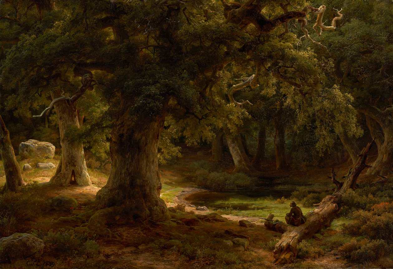 Forêt de chênes avec chasseur au repos - Carl Friedrich Lessing