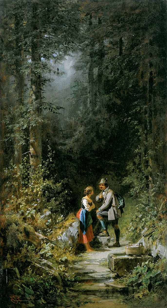 Chasseur et bergère à la fontaine forestière - Carl Spitzweg