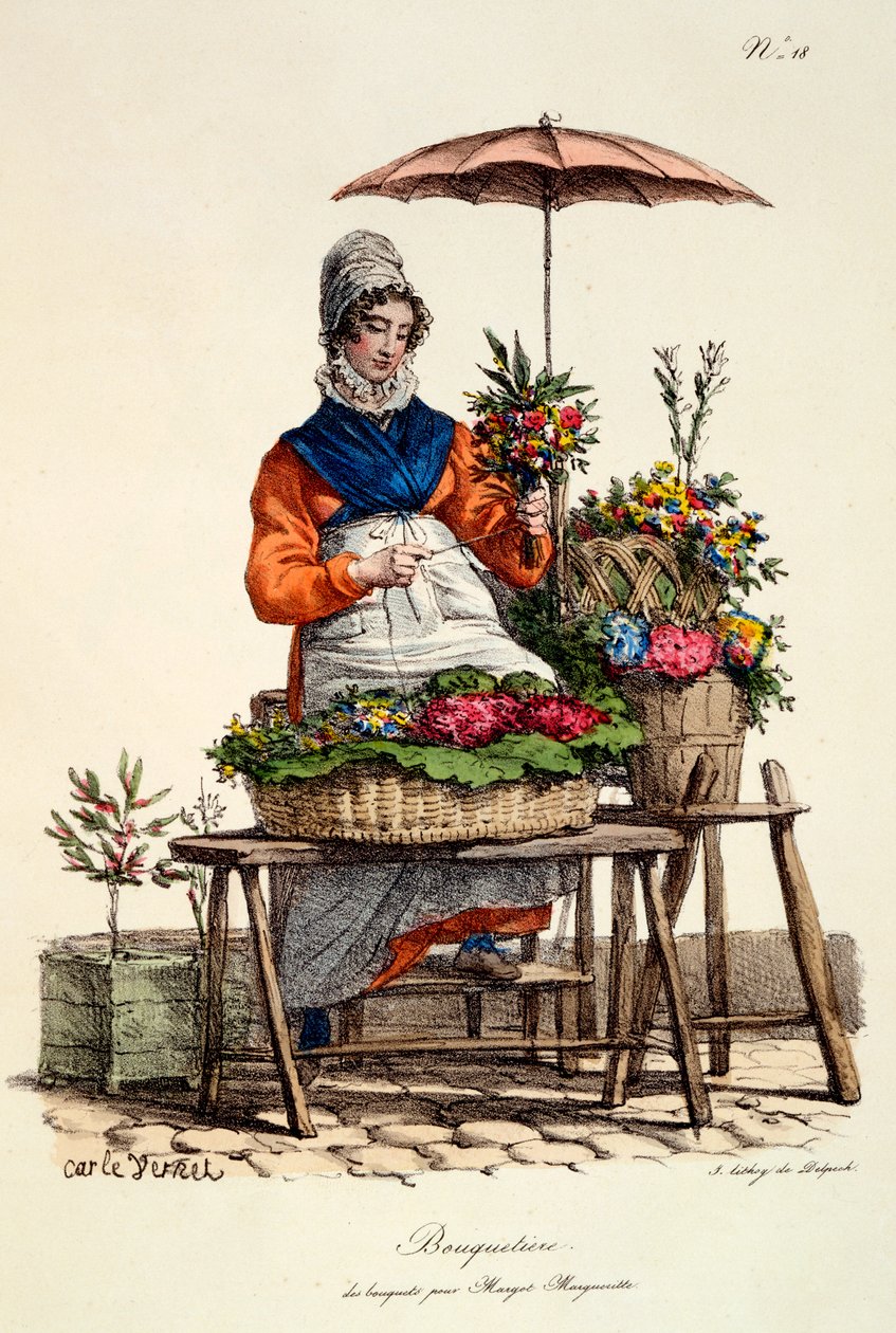 Bouquetiere des bouquets pour Margot Margueritte, gravure réalisée par Delpeck, de 