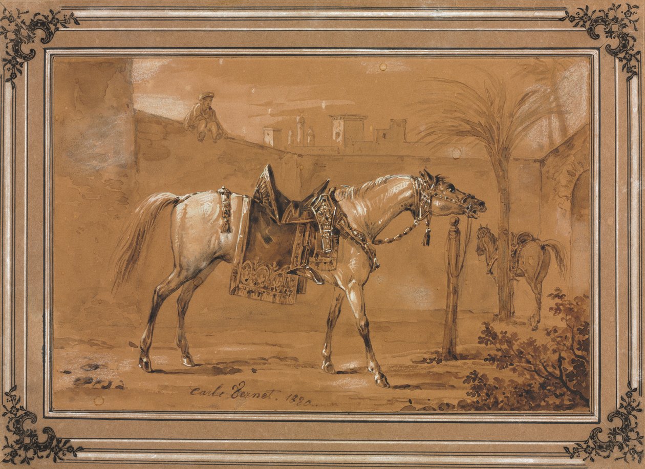 Cheval arabe sellé dans la cour, 1820 - Carle Vernet