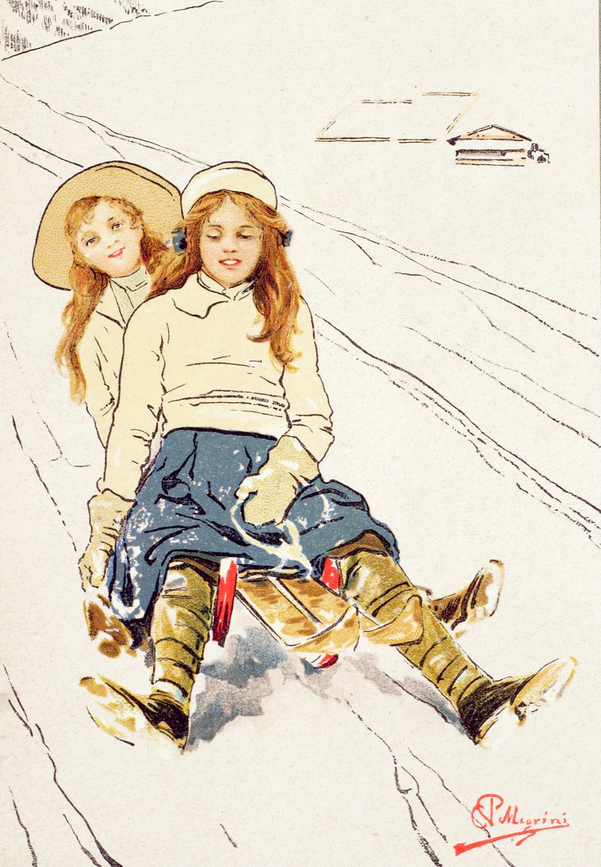 Deux filles faisant de la luge - Carlo Pellegrini