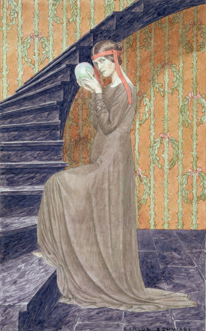 Jeune femme en robe de style esthétique tenant une sphère, 1894 - Carlos Schwabe