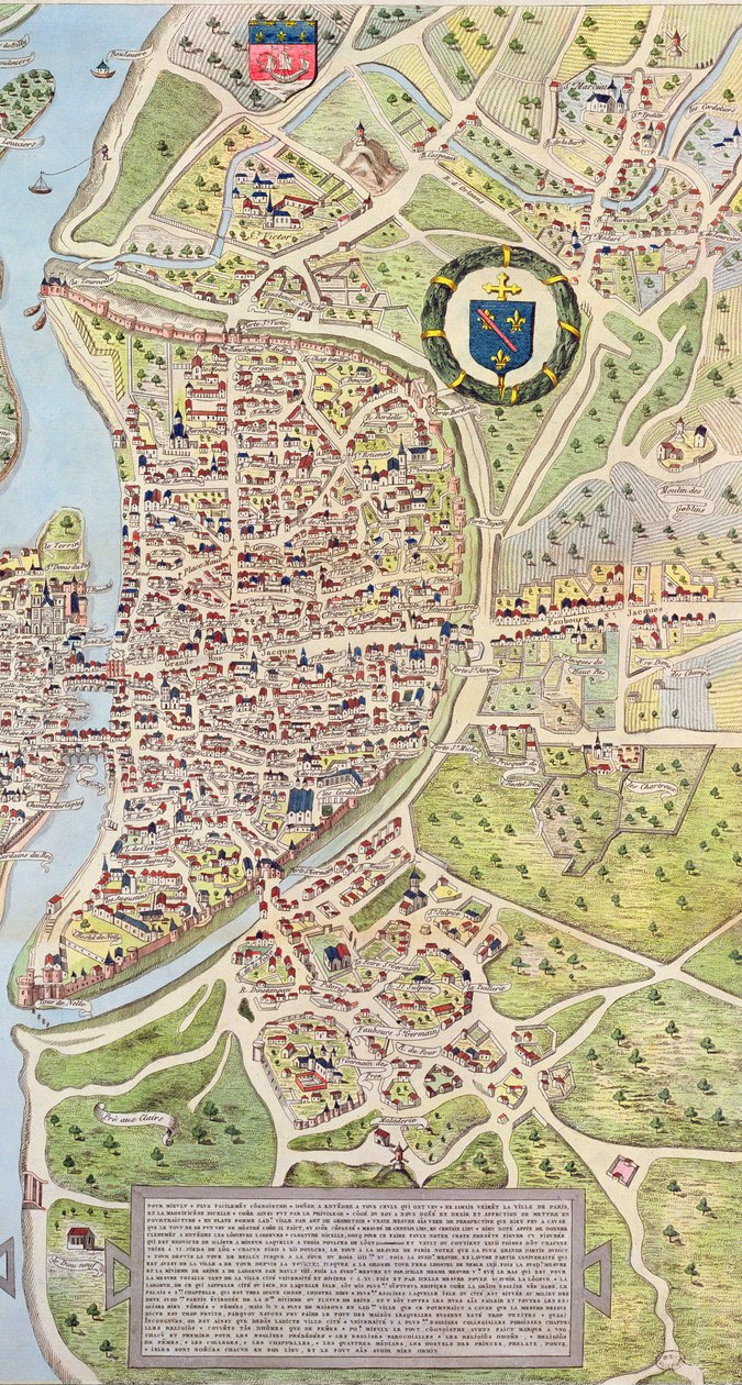 (détail) de la rive gauche, de la carte de Paris c. 1540, connue sous le nom de Plan de la Tapisserie, réalisée en tapisserie c. 1570, 1818 gravure en couleur - Caroline Naudet