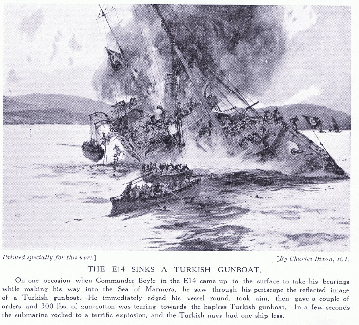 Le E14 coule un canonnière turque en mer de Marmara 1915 - Charles Edward Dixon