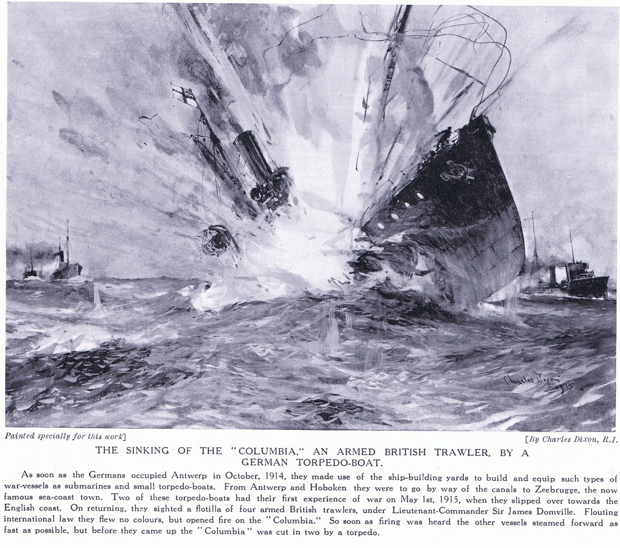 Le naufrage du Columbia, un chalutier armé britannique, par un torpilleur allemand sur la côte anglaise en octobre 1914 - Charles Edward Dixon