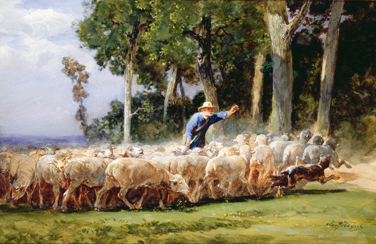 Un berger avec un troupeau de moutons - Charles Emile Jacques