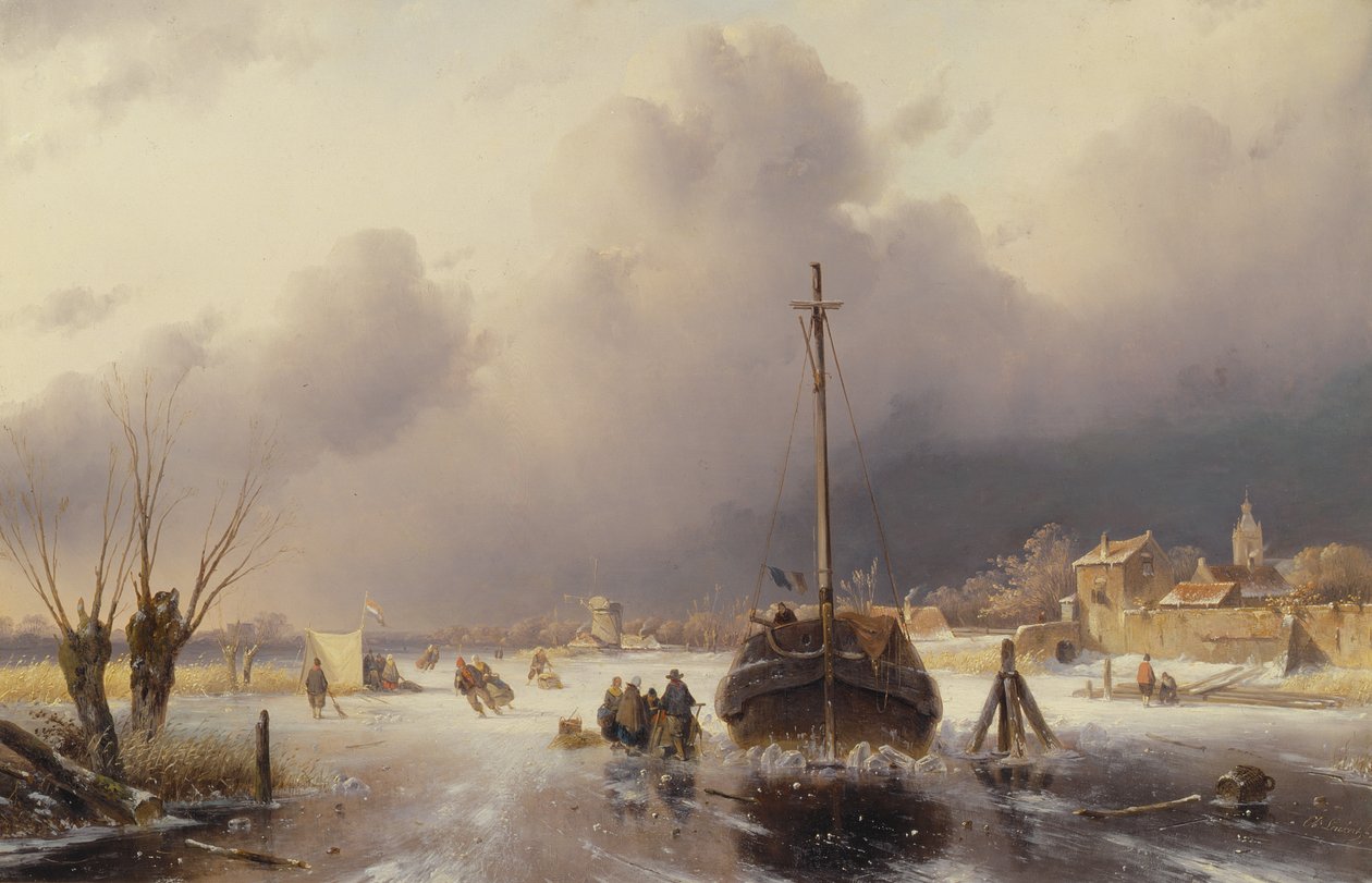 Rivière gelée avec un bateau, 19e siècle - Charles Henri Joseph Leickert