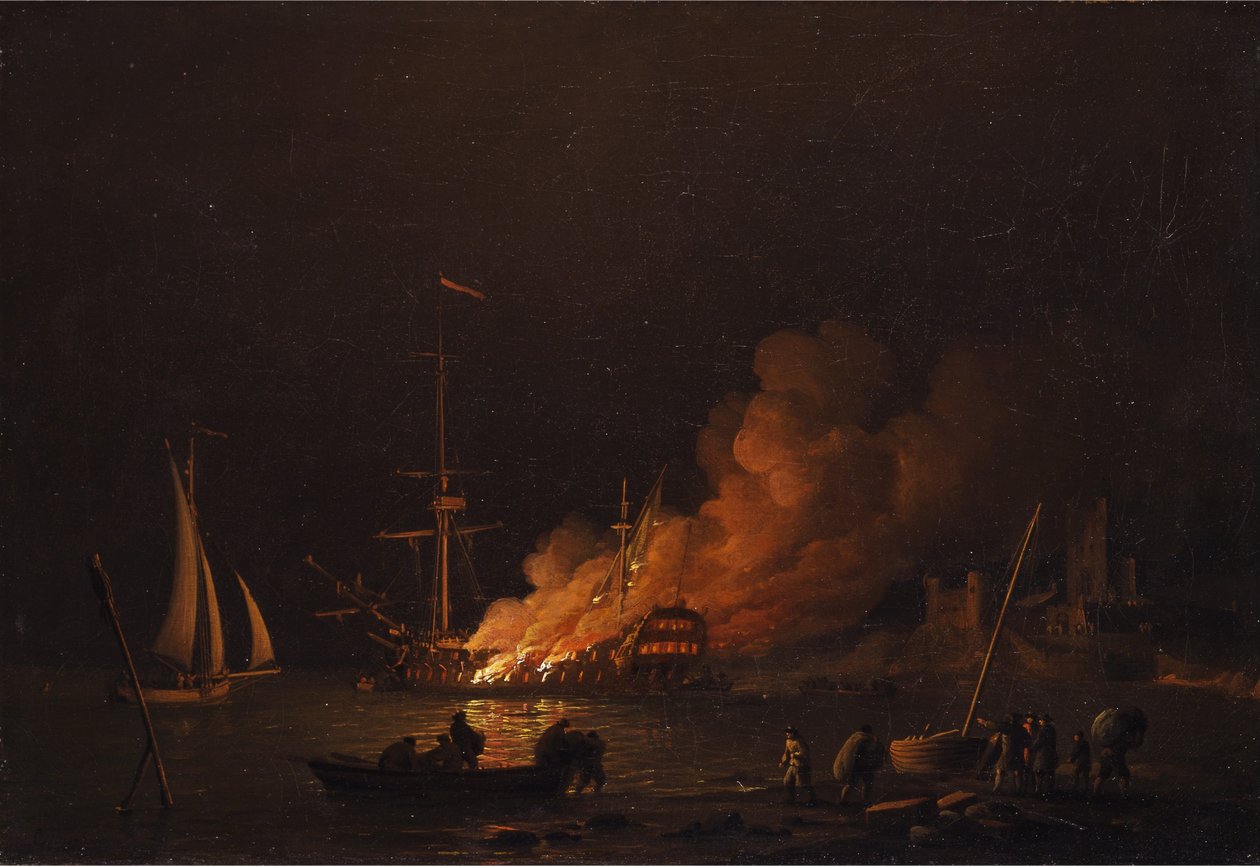 Navire en feu la nuit - Charles Brooking