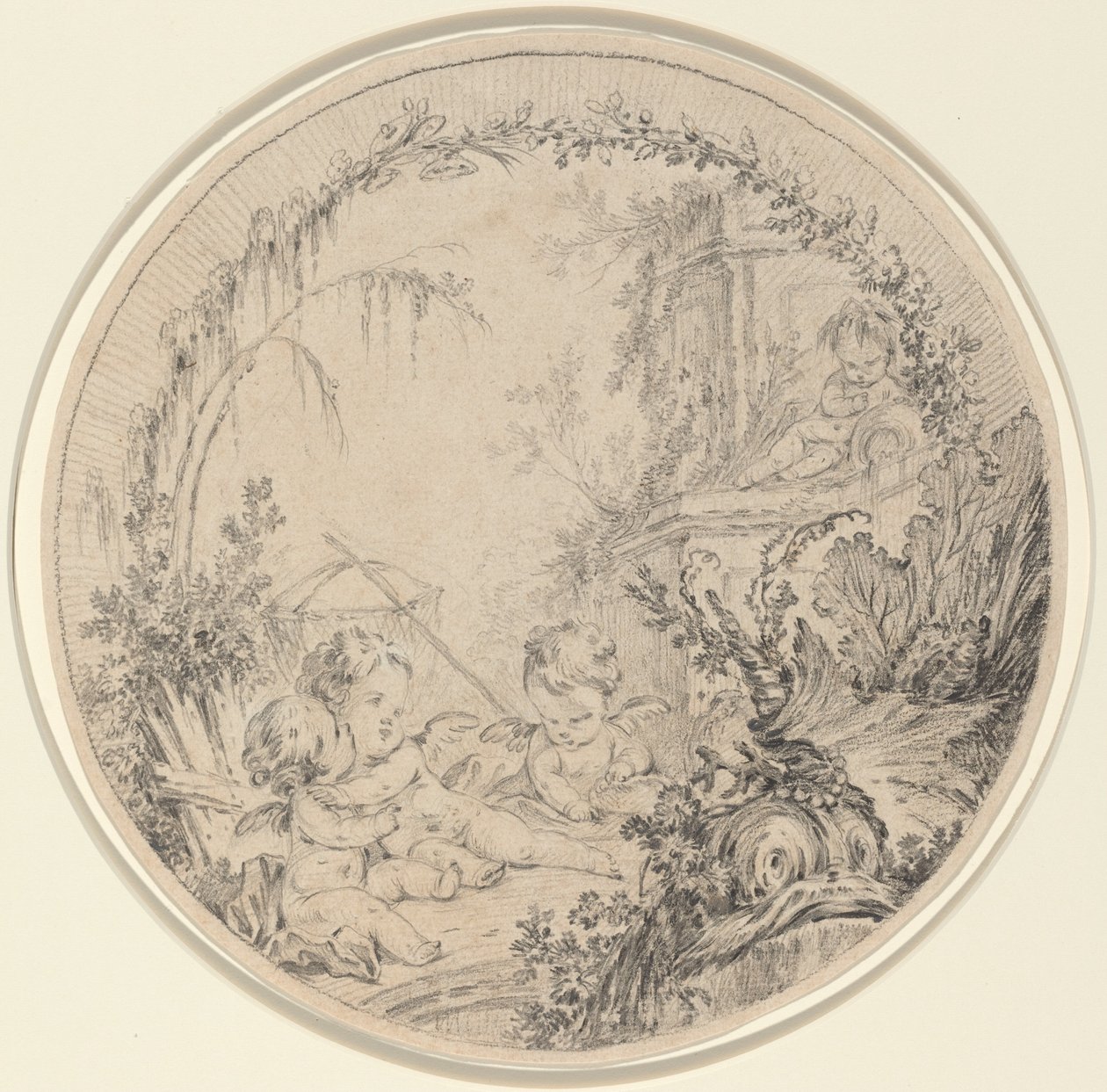Trois putti avec un filet de pêche - Charles Eisen