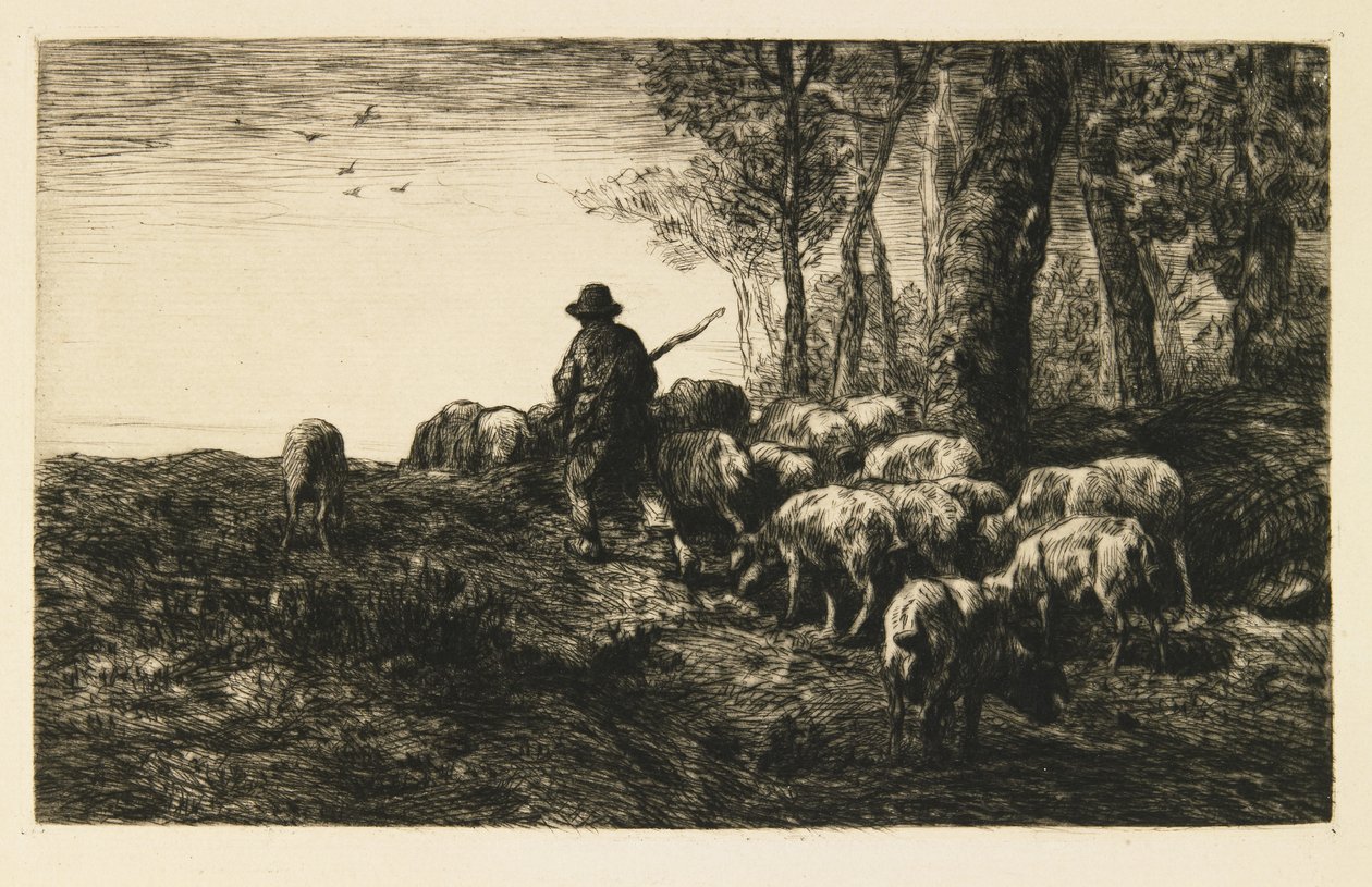 Troupeau de cochons avec porcher - Charles Emile Jacque