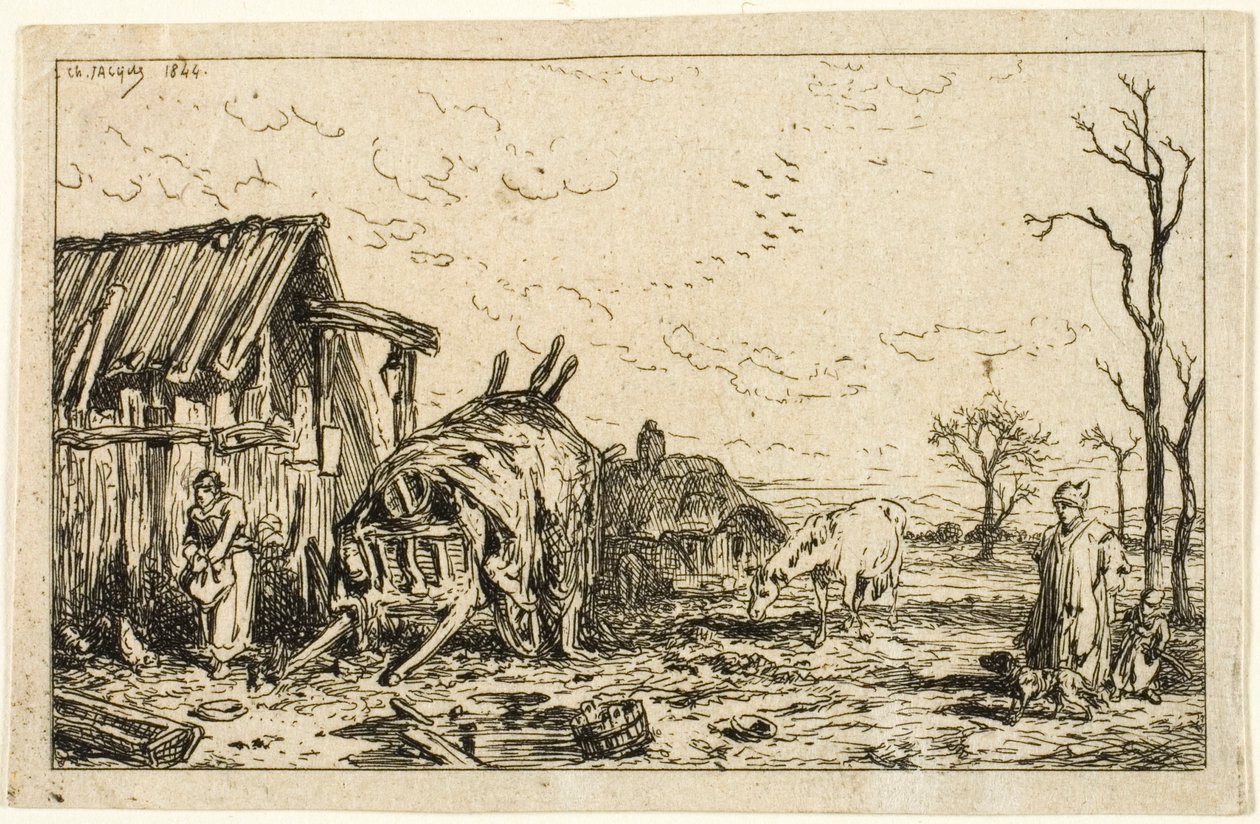 Paysage avec charrette dételée - Charles Emile Jacque