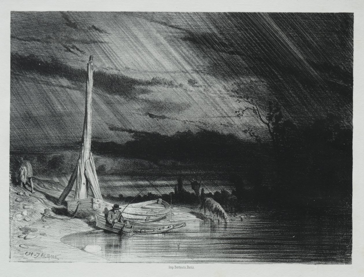 Le pêcheur, temps pluvieux - Charles Emile Jacque
