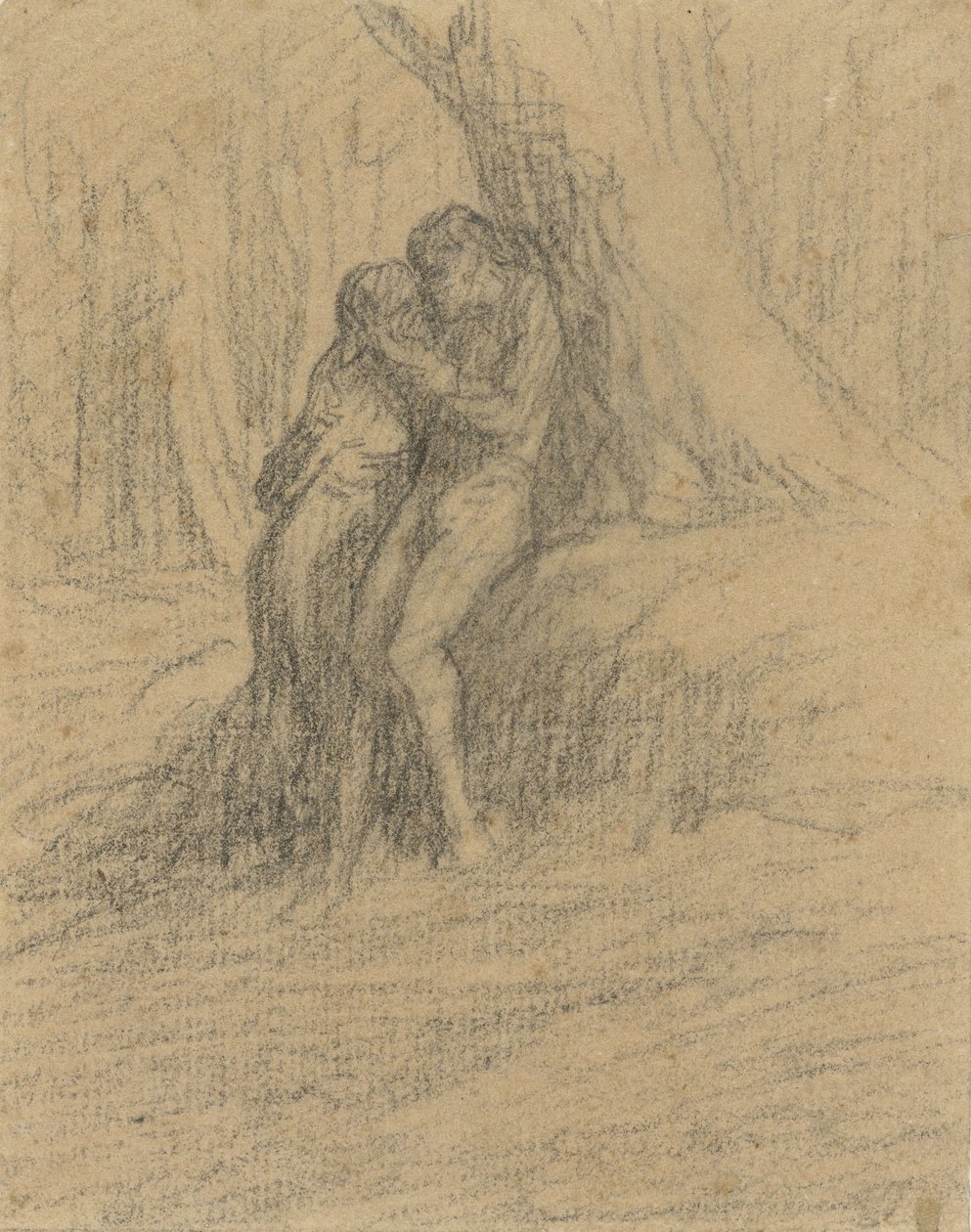 Couple de paysans amoureux sous un grand arbre - Charles Emile Jacque