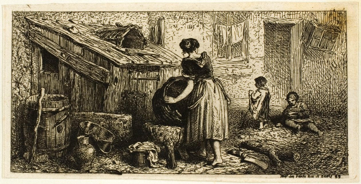 Femme lavant des pots, avec des enfants - Charles Emile Jacque