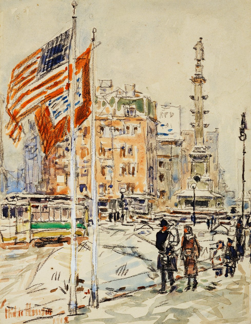 Drapeaux, Columbus Circle - Childe Frederick Hassam