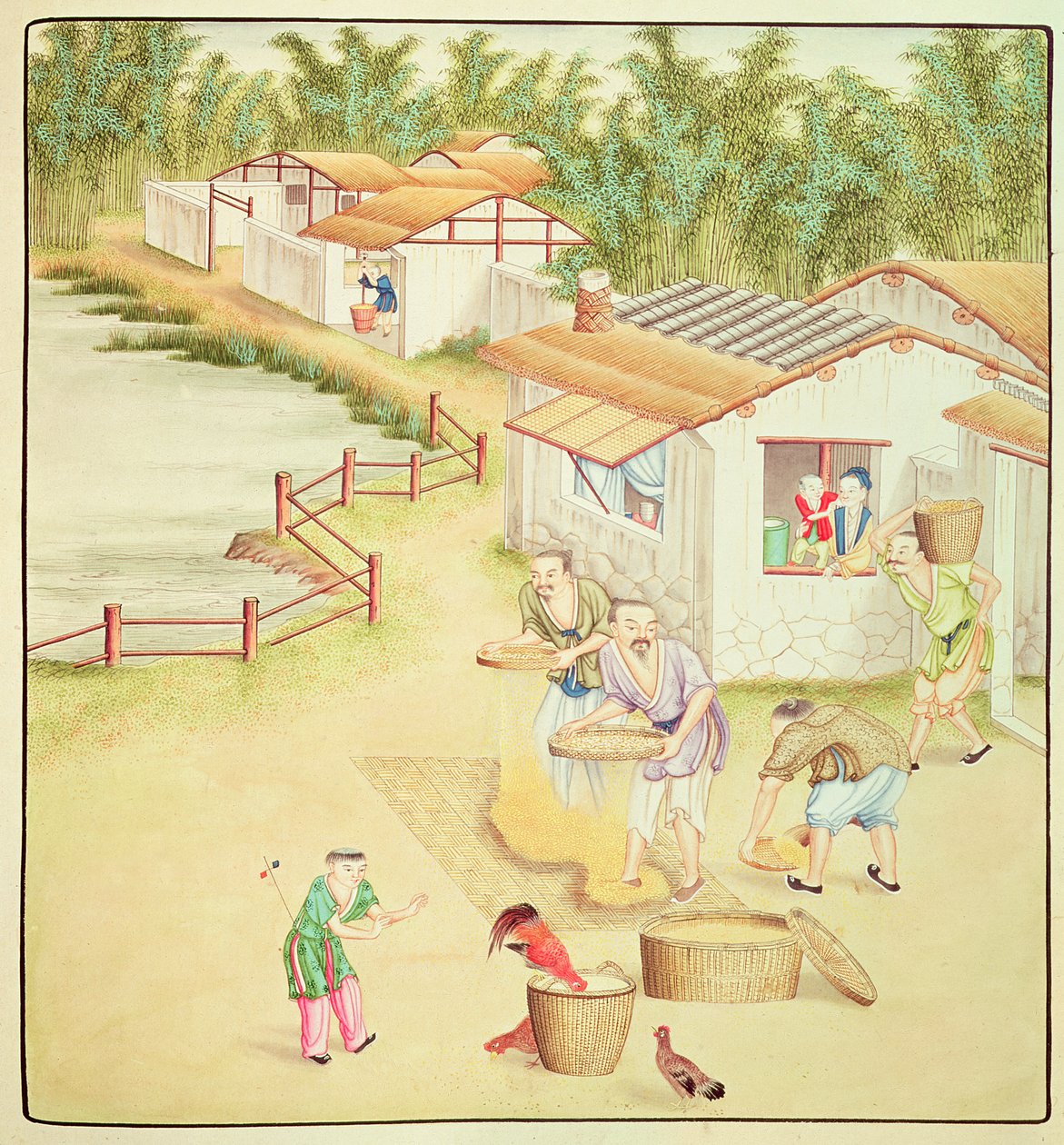 Paysans chinois tamisant du riz - Chinese School