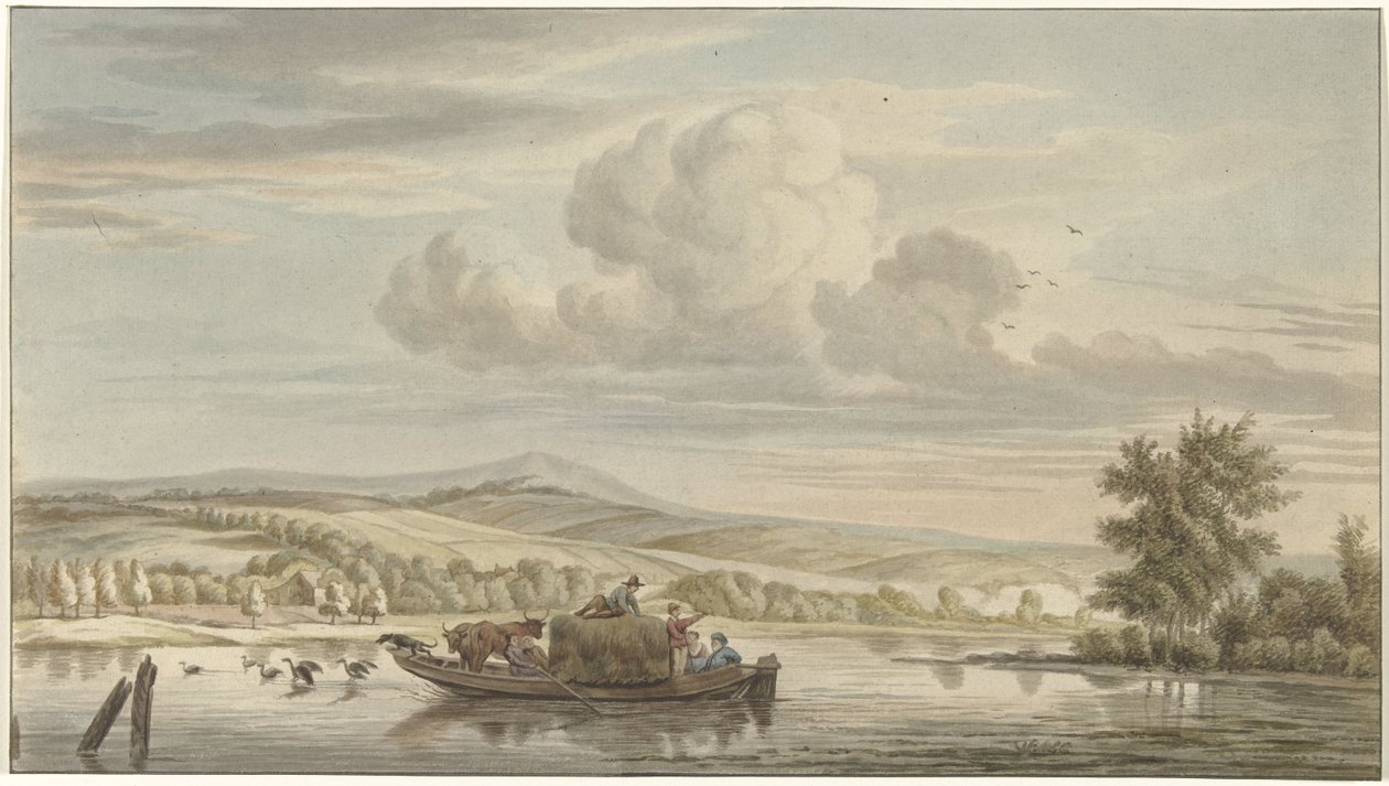 Vue de rivière avec un bateau de foin - Christiaan Josi