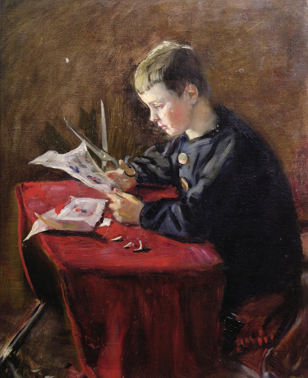 Garçon coupant des décorations de Noël - Christian Krohg