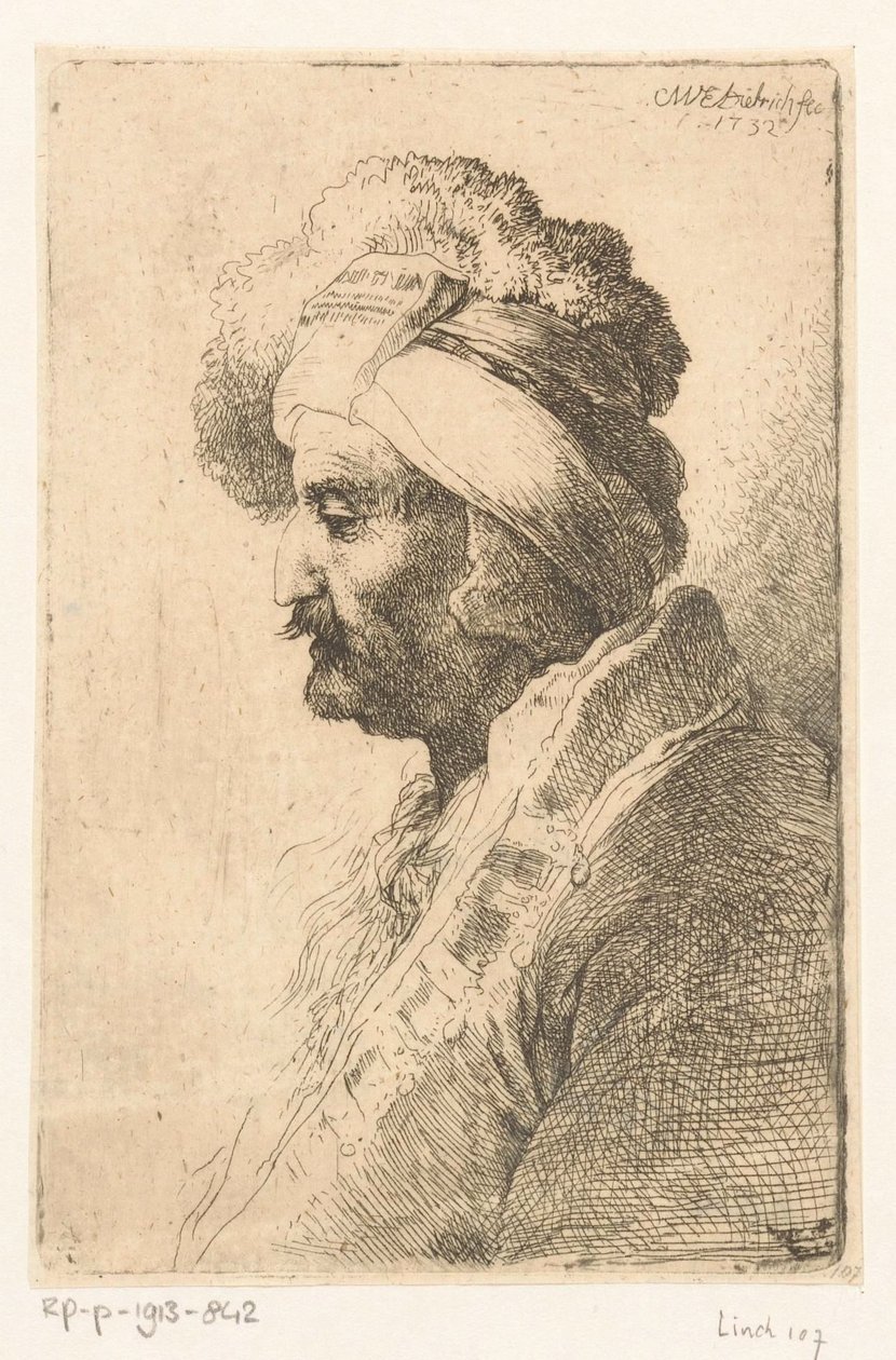 Homme regardant en bas avec un bonnet de fourrure - Christian Wilhelm Ernst Dietrich