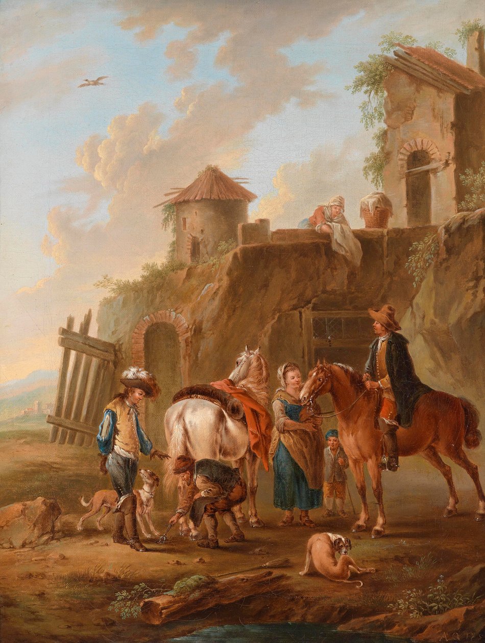 Une société de chasse se reposant devant une maison - Circle of August Querfurt