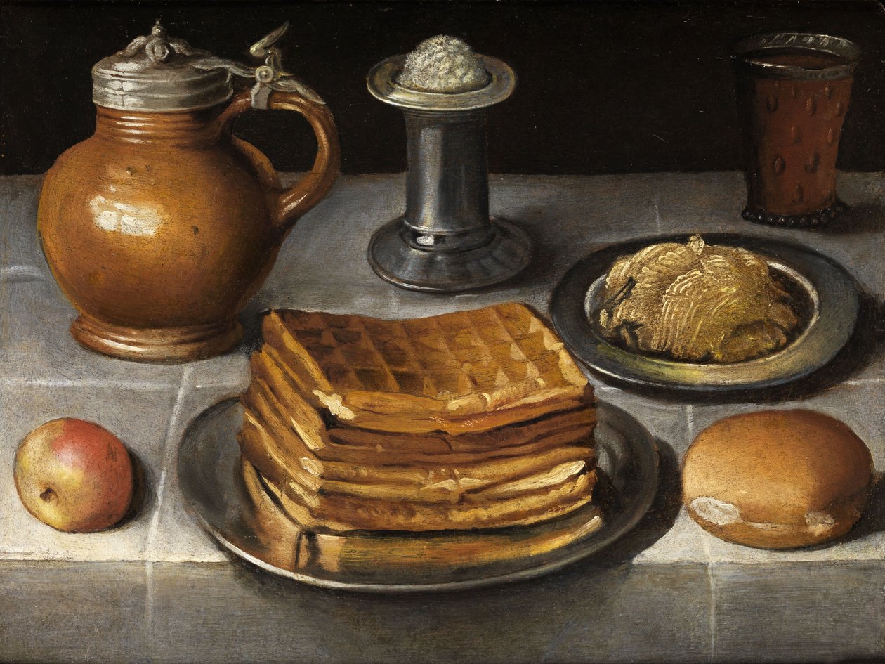 Nature morte avec assiettes en étain, cruche en pierre et gaufres - Circle of Georg Flegel