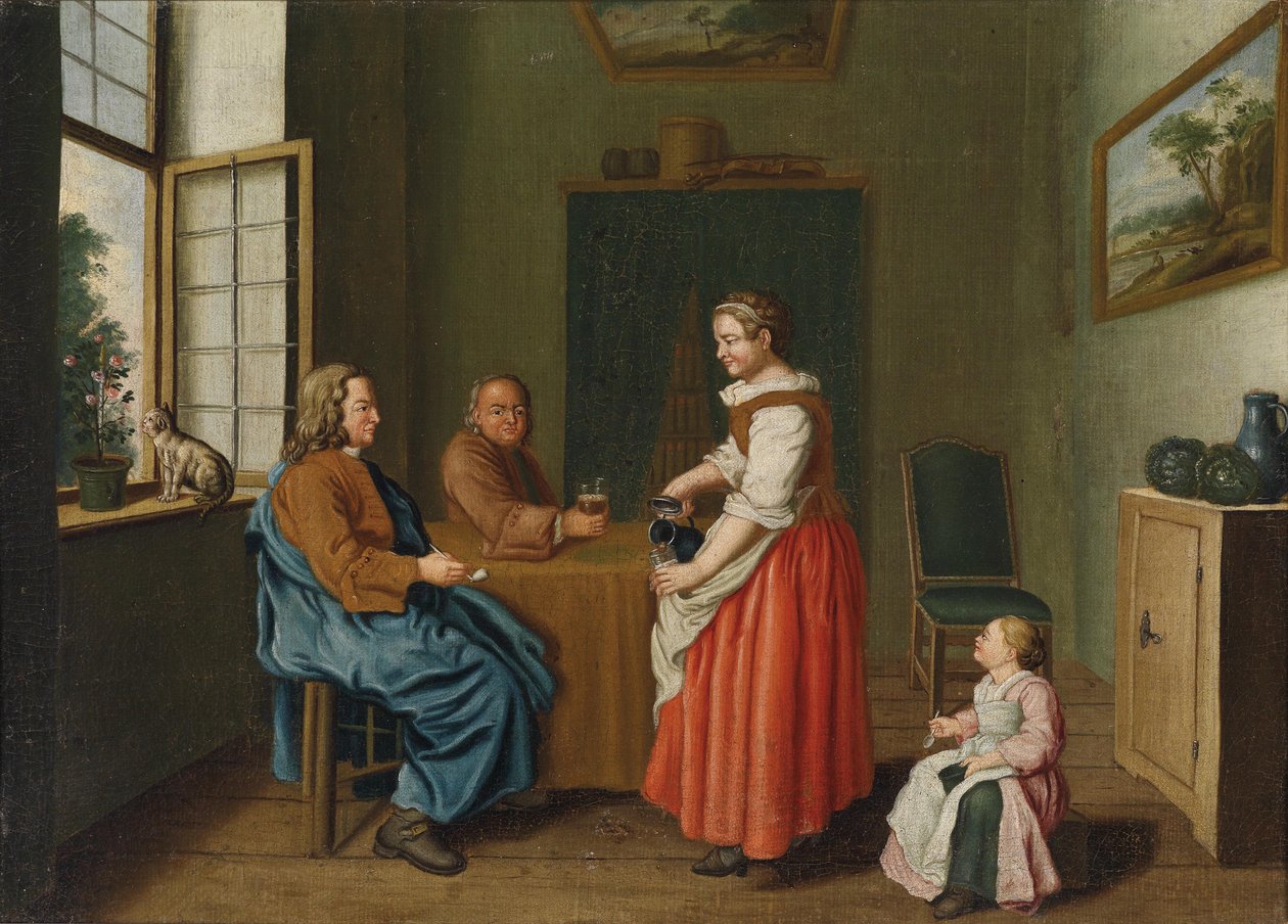 Intérieur avec deux hommes à table et une servante les servant - Jan Josef Horemans II
