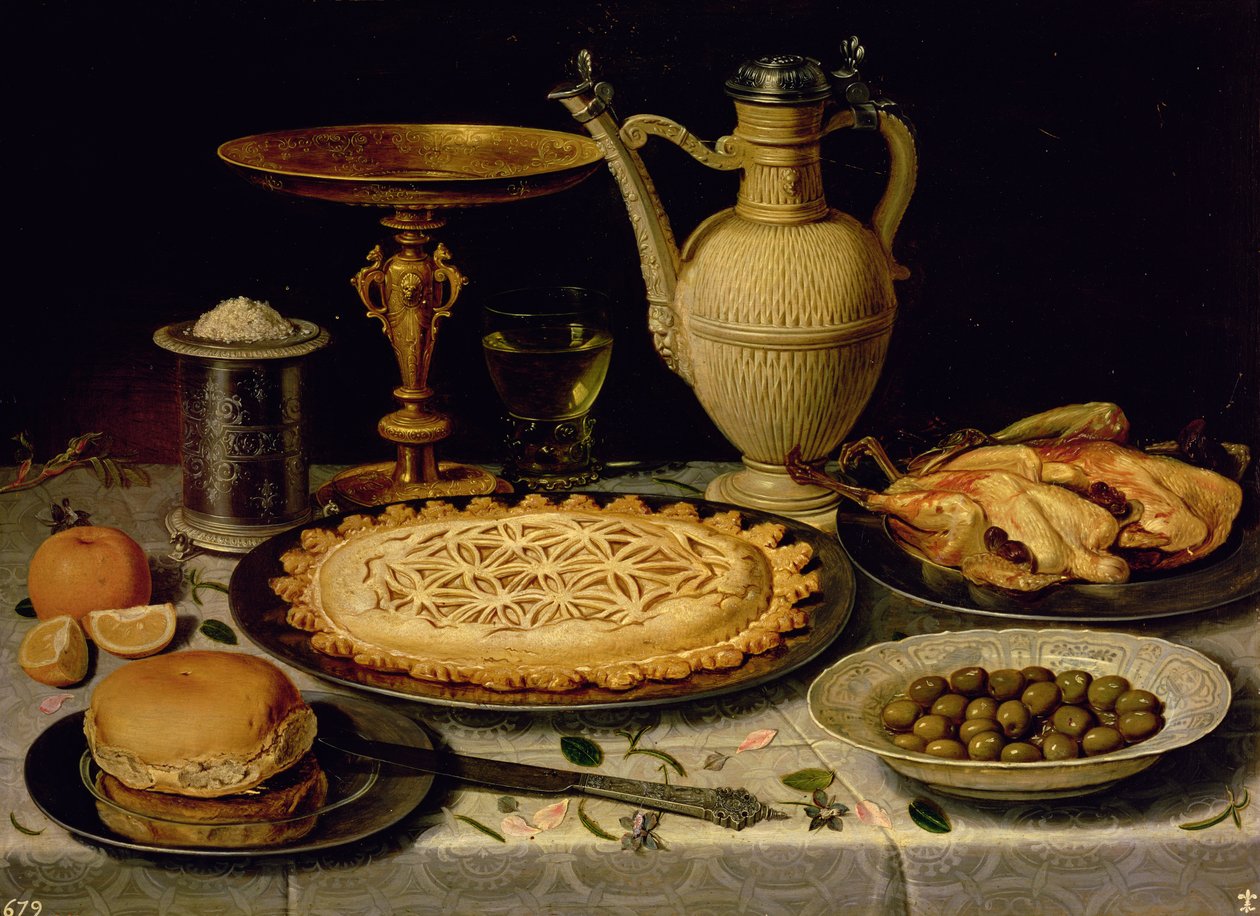 Nature morte avec une tarte, poulet rôti, pain, riz et olives - Charlotte Evans