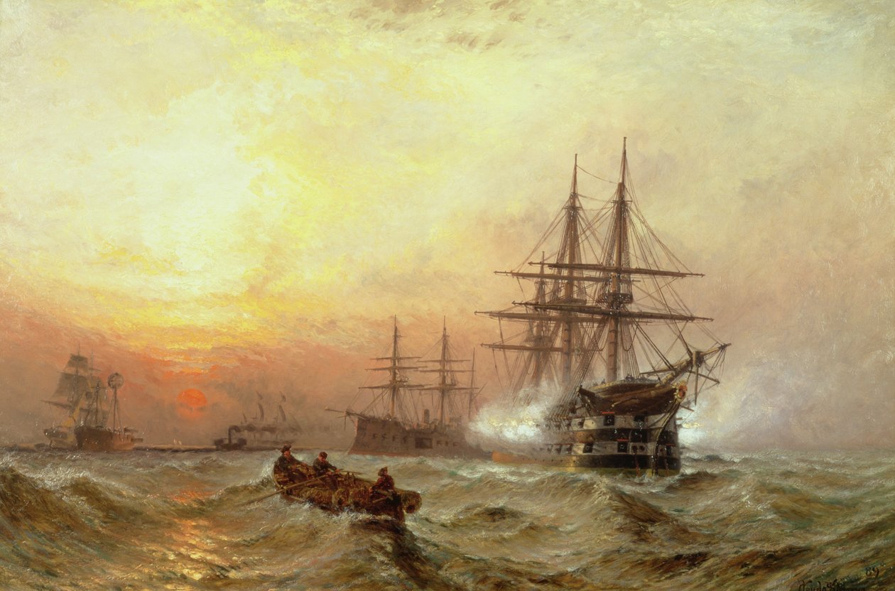 Vaisseau de guerre tirant une salve au coucher du soleil - Claude T. Stanfield Moore