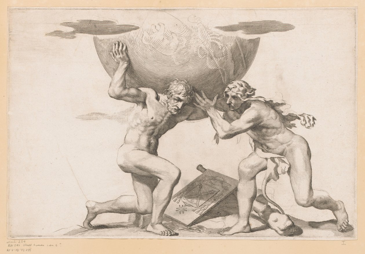 Atlas donne le globe céleste à Hercule - Claude Mellan (possibly)