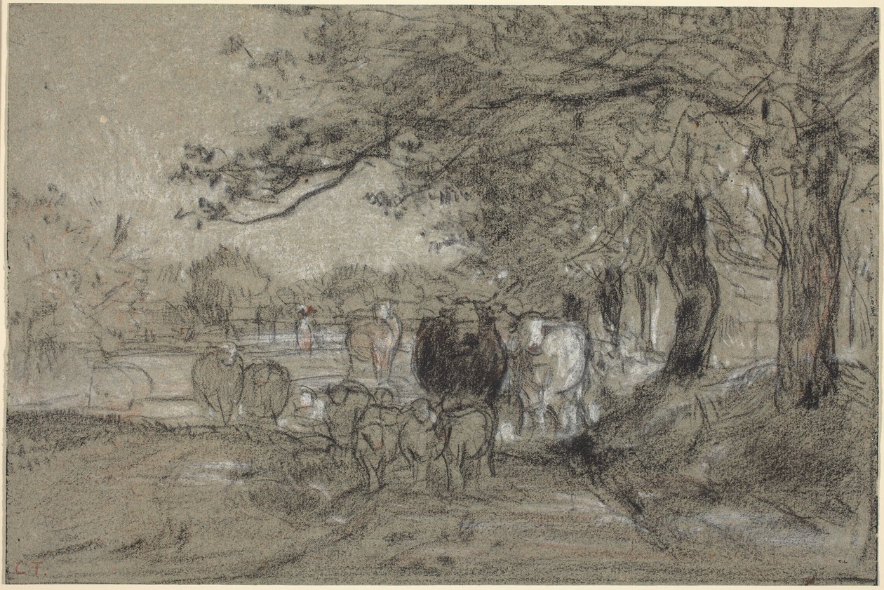 Vaches et moutons sous les arbres - Constant Troyon