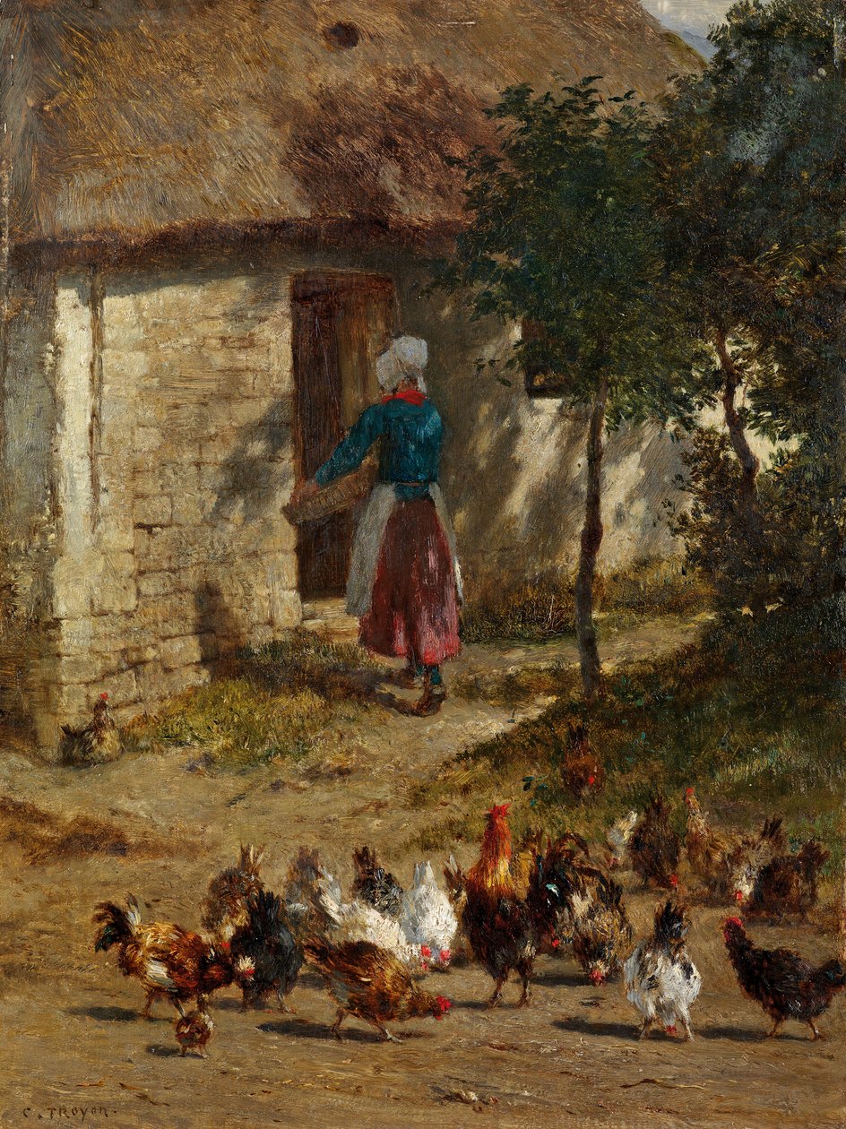 Poules devant une ferme - Constant Troyon