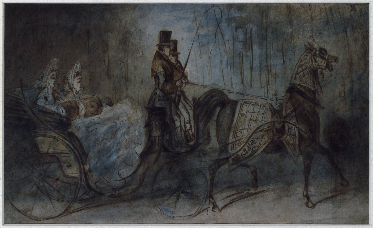 Femmes élégantes dans une calèche tirée par des chevaux - Constantin Guys