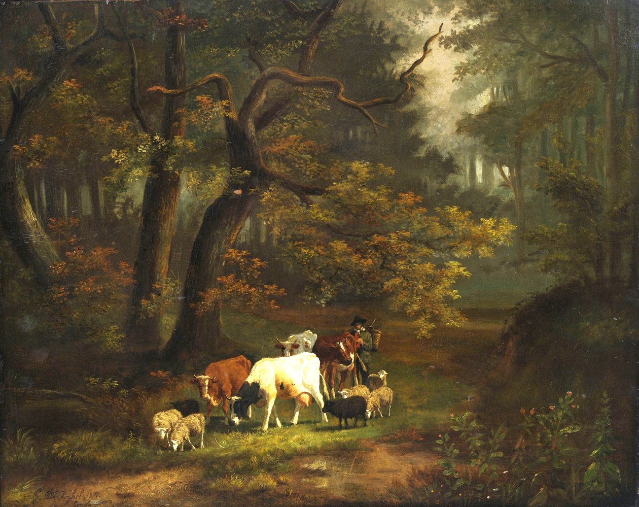 Intérieur de forêt avec petit troupeau de vaches et de moutons - Cornelis Johannes de Vogel