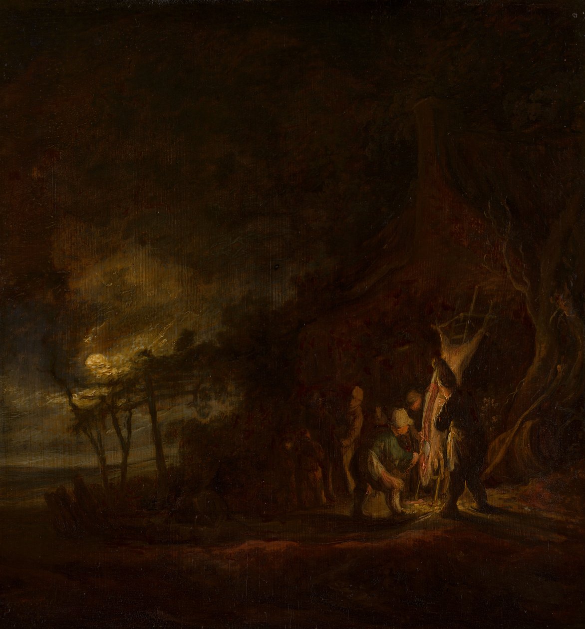 Porc abattu dans un paysage éclairé par la lune - Cornelis Symonsz van der Schalcke